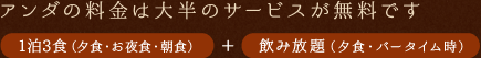 アンダの料金は大半のサービスが無料です 1泊3食（夕食・お夜食・朝食）+飲み放題（夕食・バータイム時）